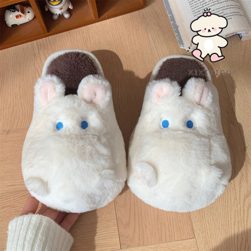 ฉี่เตียว สไตล์ใหม่ตุ๊กตาการ์ตูนฮิปโปในร่มรองเท้าแตะผ้าฝ้ายผู้หญิงฤดูใบไม้ร่วงฤดูหนาวพื้นนุ่มสบาย