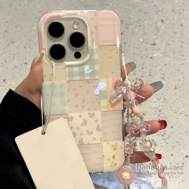 Iphone 16 15 14 13 12 11 Pro Max X Xr Xs Max 7 8 Plus SE2020 เคสโทรศัพท์น่ารักดอกไม้ตาราง + Lanyard Clear Soft ฝาหลัง