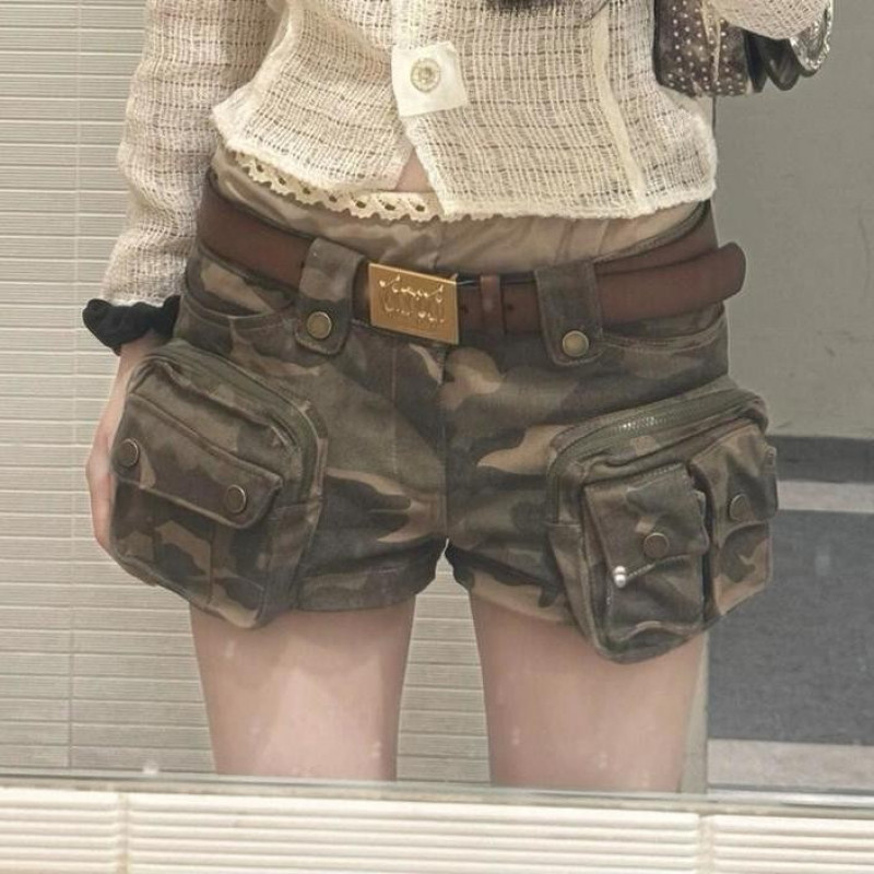 อ่อนเยาว์อ่อนเยาว์ ◆[พร้อมสต็อก~ขายร้อน] ยุโรปอเมริกันย้อนยุค ย2เค มิลเลนเนียมสาวร้อนสไตล์พรางกางเกงขาสั้นผู้หญิงฤดูร้อนออกแบบอุตสาหกรรมหนักกระเป๋าหลวมกีฬากางเกงขาสั้นสบายๆ