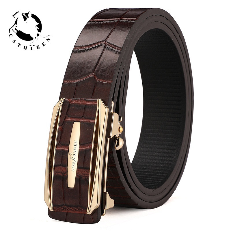 CATHLEENเข็มขัด หนังวัวแท้ แต่งหัวเข็มขัดอัตโนมัติ ลายหนังจระเข้ สไตล์นักธุรกิจ สําหรับผู้ชายเข็มขัด