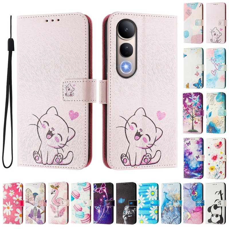 สําหรับvivo V50 Lite 5Gกรณีน่ารักทาสีรูปแบบพลิกเคสโทรศัพท์สําหรับVivo V50 กรณีVivo V30 V40 Pro 5Gกรณีแม่เหล็กหนังกระเป๋าสตางค์ปกหนังสือ