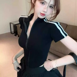 เสื้อยืดซิปสไตล์อเมริกันสำหรับสาวๆ หน้าร้อน