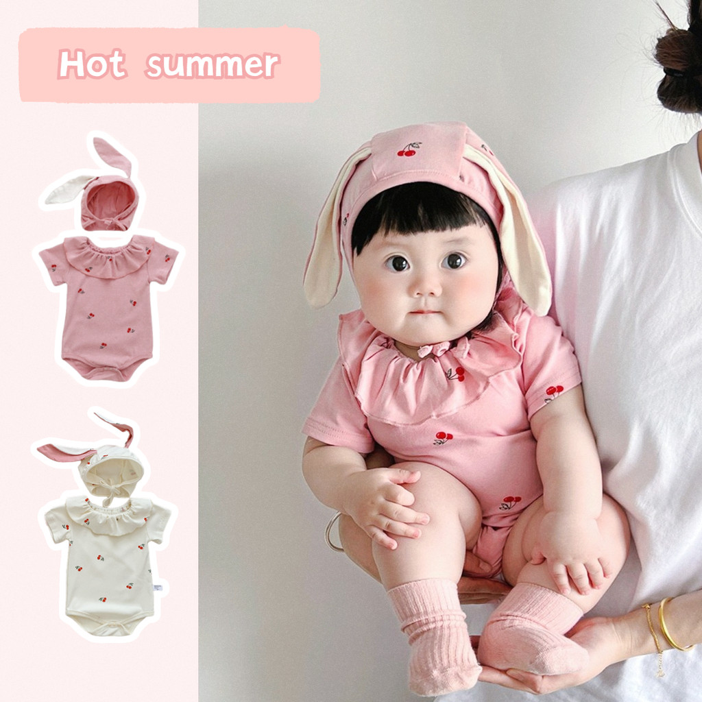 ฤดูร้อนใหม่เสื้อผ้าเด็กสาวผ้าฝ้ายแท้แขนสั้นบอดี้สูทกับหมวก0-24เดือนเด็กสบายและระบายอากาศสุดน่ารักกระต่ายเชอร์รี่เกาหลี ชุดรอมเปอร์