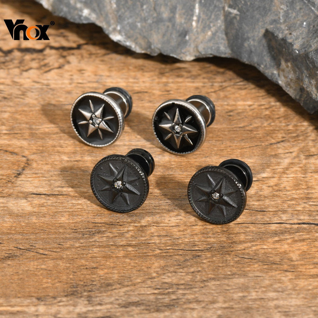 Vnox เข็มทิศแปดดาวต่างหูสตั๊ดสําหรับชายเด็ก,สแตนเลสวงกลมสีดํา CZ ต่างหูหิน,Hip Hop Punk เครื่องประดับของขวัญ