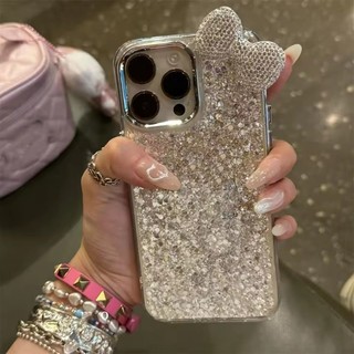 เคส Thicken Glitter Hard Case  เกาหลีน่ารัก 3D Hello Kitty Diamonds Bow Knot ชุบเคสป้องกันกล้องสําหรับ for IPhone 17 16 15 14 13 12 11 Pro Max 16 15 Plus