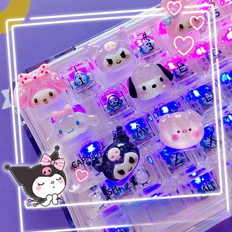 ปุ่มกดโปร่งแสง Diy Sanrio สําหรับคีย์บอร์ดเชิงกลแกนข้ามหญิง Love Kuromi ฝาครอบกุญแจ