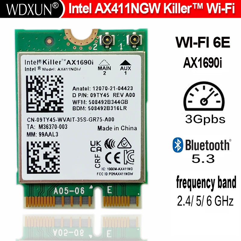 อินเทล® Wi-Fi 6E AX411 Intel Killer AX1690i WIFI 6E ความเร็ว 2.4 Gbps 802.11ax 2.4/5/6GHz บลูทูธ 5.3