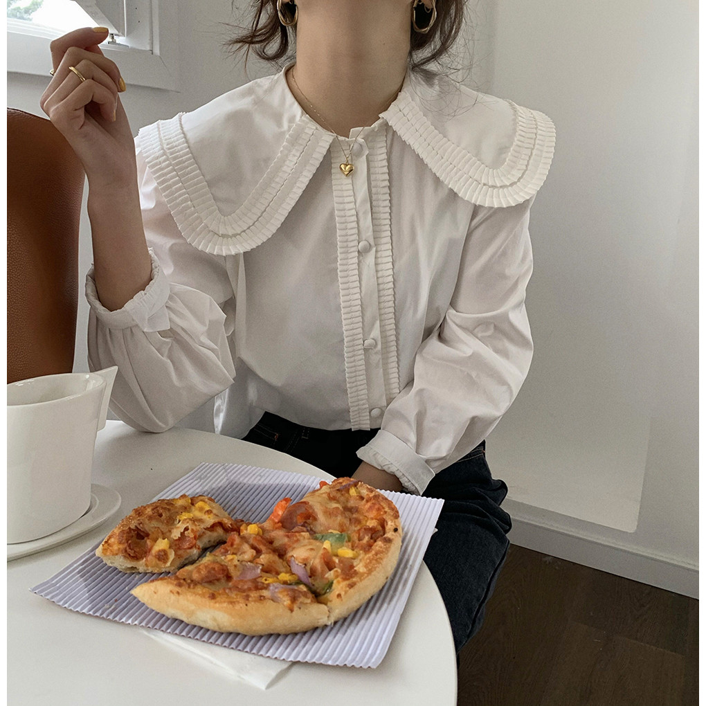 เสื้อเชิ้ตคอตุ๊กตาน่ารักๆ 🧸 HHB2879 เสื้อเชิ้ตแขนยาวผู้หญิง เสื้อทํางานกระดุมหน้าแฟชั่นเกาหลีลำลอง แ