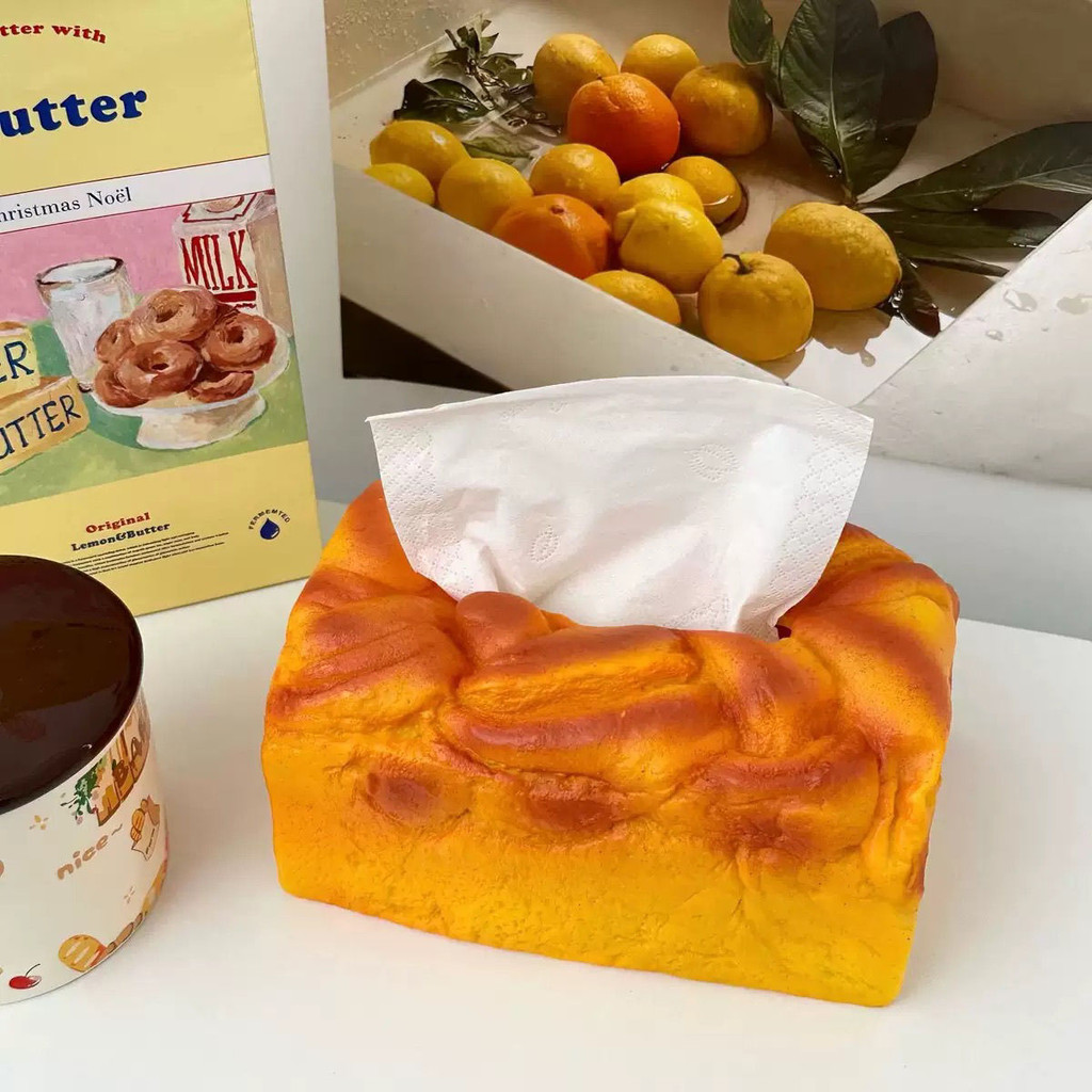 จัดส่งที่รวดเร็วสำหรับการสั่งซื้อ  กล่องทิชชู่ขนมปังครีมจําลองขนมปังปิ้งรูปร่างยืดหยุ่นกล่องกระดาษมัลติฟังก์ชั่เดสก์ท็อป