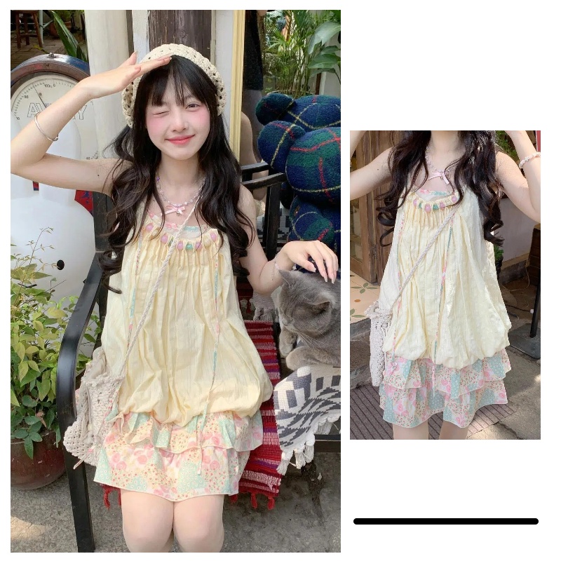 ชุดเดรสคาร์ดิแกน ทรงหลวม แต่งจับจีบ ลายดอกไม้ สีชมพู สีเขียว สําหรับผู้หญิง