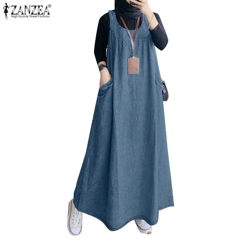 Zanzea ชุดเดรส คอกลม แขนกุด มีกระเป๋า สไตล์มุสลิม สําหรับผู้หญิง
