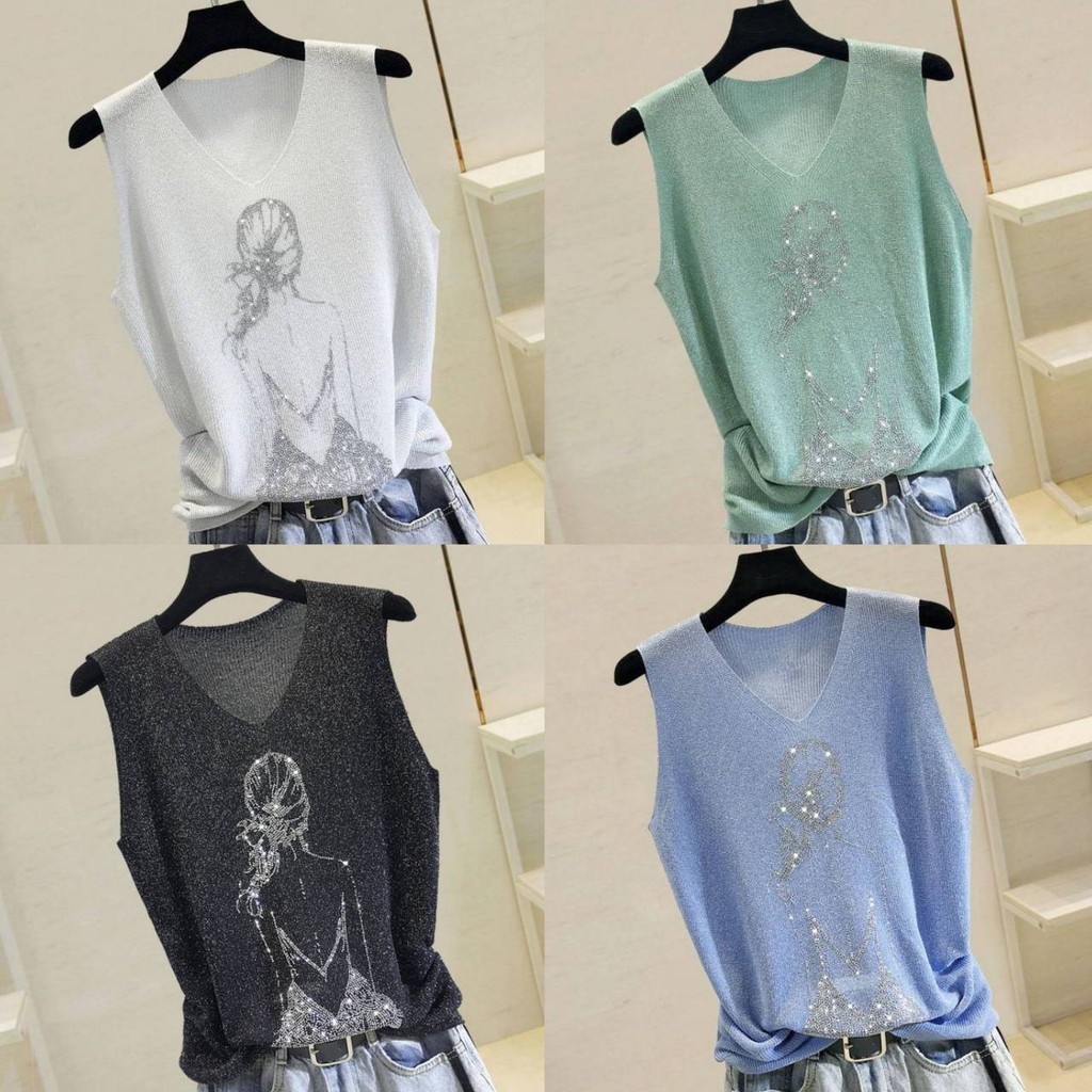 🔥SELL🔥 เสื้อกล้ามผ้าไหมพรมวิ้งๆ คอวีปักลาย ผ้านิ่มใส่สบายไม่คัน แฟชั่นผู้หญิง ใส่หน้าร้อนผ้ายืดได้เยอะมาก