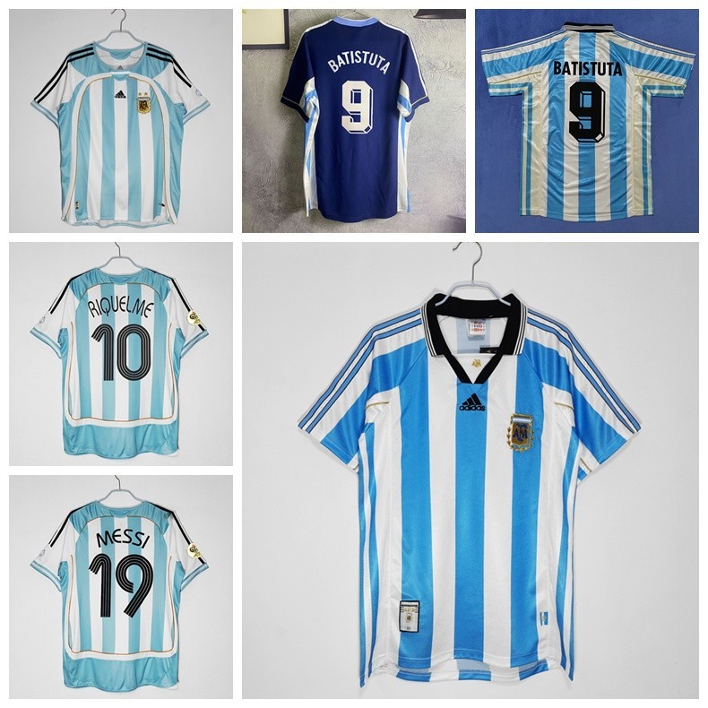 เสื้อกีฬาแขนสั้น ลายทีมชาติฟุตบอล Argentina 1998 2006 World Cup 19 Messi Batistuta Riquelme ชุดเหย้า สไตล์เรโทร