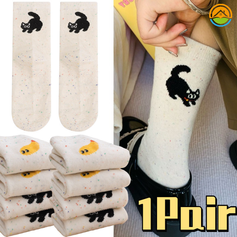 ผู ้ หญิงการ ์ ตูน Graffiti ภาพประกอบแมวปลารูปแบบกลางหลอดถุงเท ้ า- นุ ่ ม Breathable Casual สีสันจุดผู ้ หญิงถุงน ่ อง