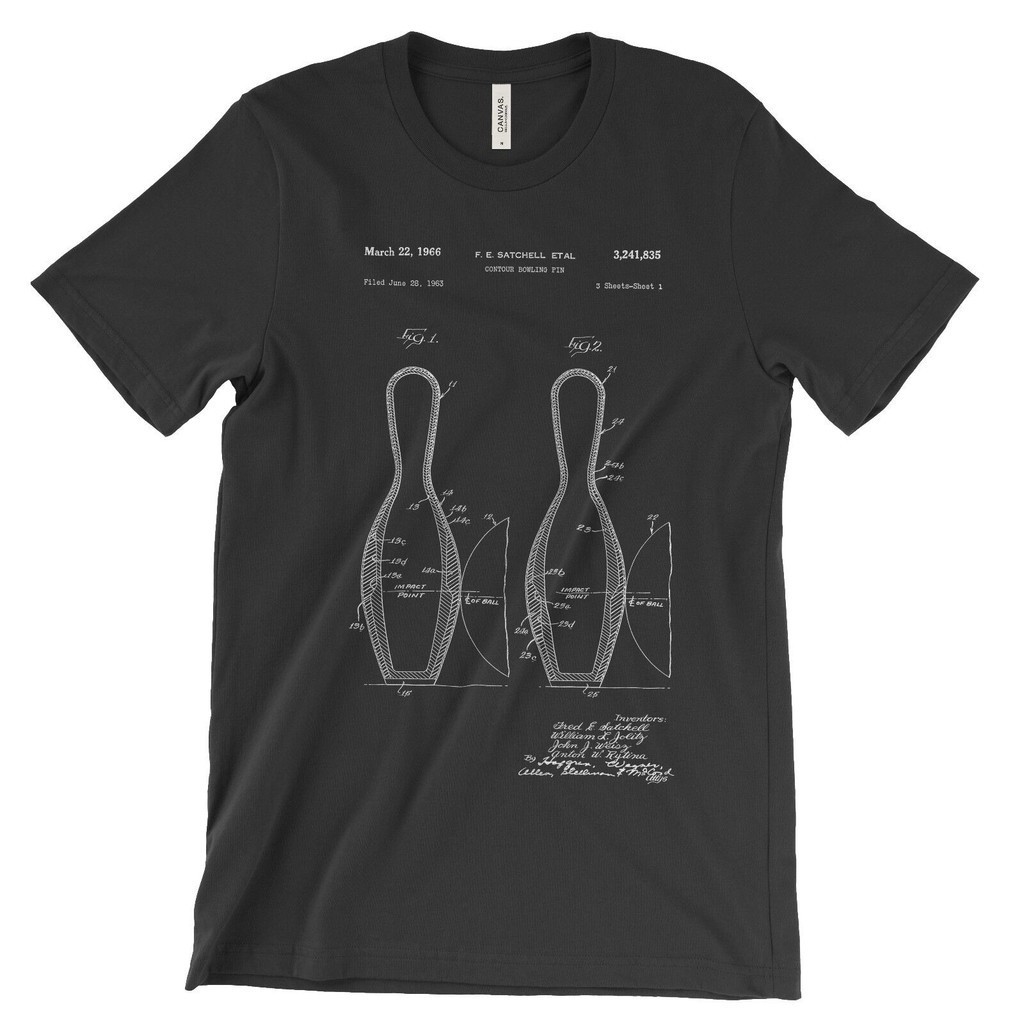 Bowling Pin Patent T-Shirt.100 % Cotton Comfy Tee On Black White หรือ Grey. ใหม ่