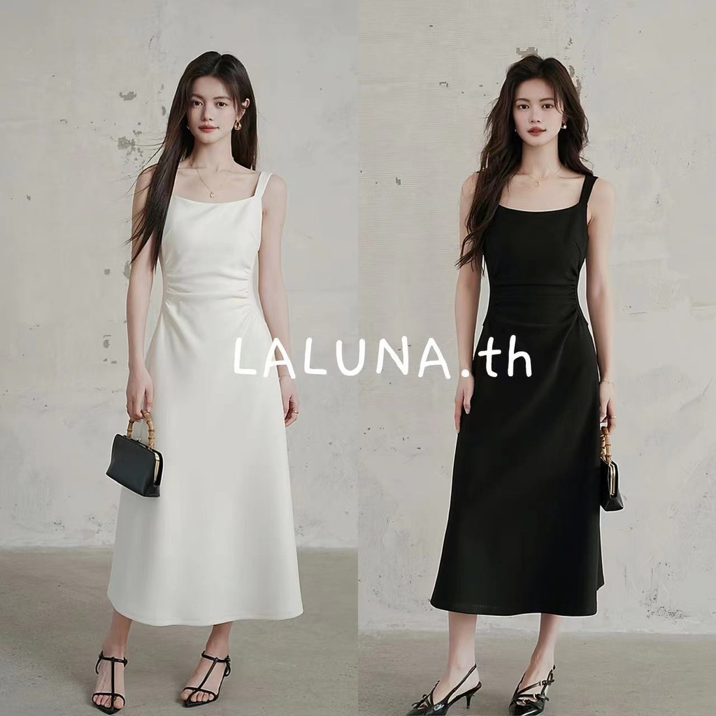 Lln🍑ชุดเดรสกระโปรงจับจีบเอวแฟชั่นสำหรับผู้หญิงสไตล์เกาหลีแฟชั่นสีทึบกระโปรงยาวระดับกลางระดับไฮเอนด์