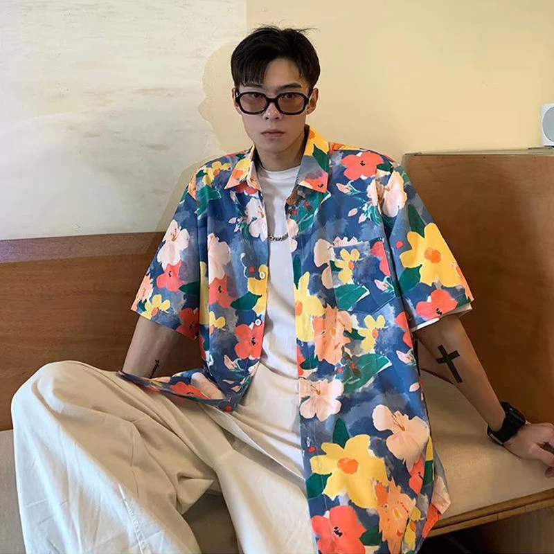 Hanlu เสื้อเชิ้ตแขนสั้น ลายดอกไม้ หลวม สำหรับคู่รัก thumbnail 6