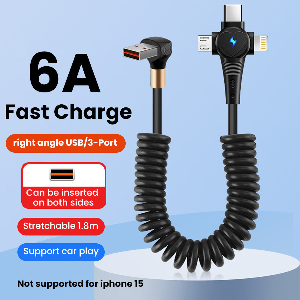 66w 3-in-1 Spring Data Cable Android Type C สายชาร ์ จ USB สําหรับการชาร ์ จแบบหลายอินเทอร ์ เฟซในรถ