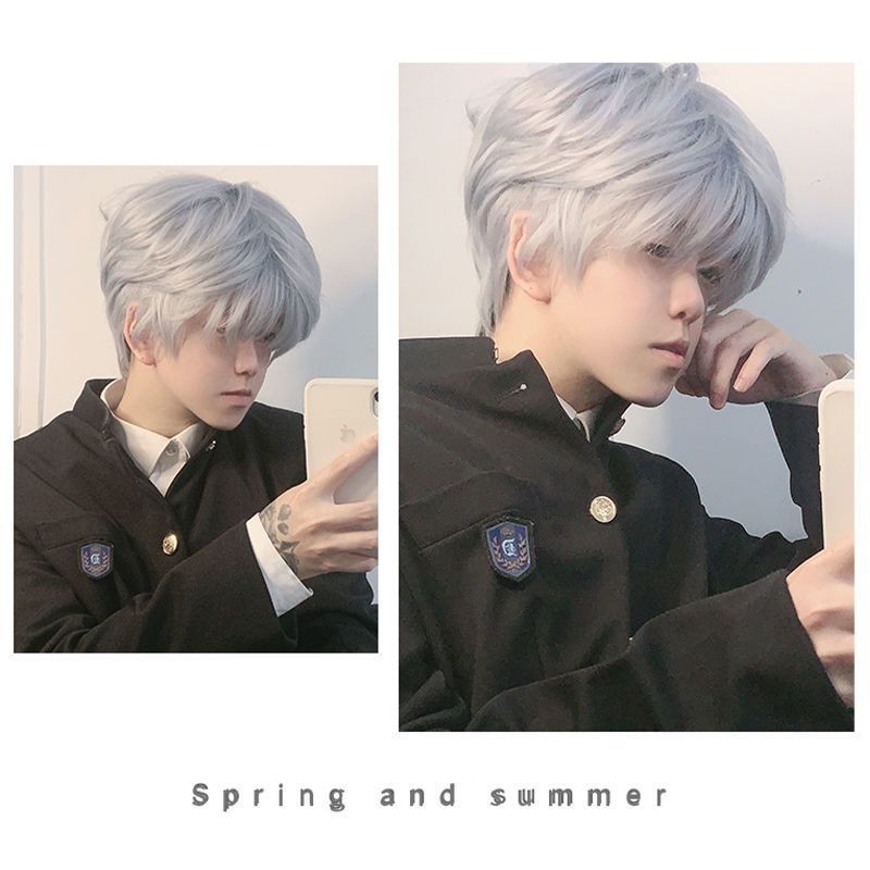 วิกผมชายผมสั้นเกาหลีรุ่นหล่อญี่ปุ่นชายเงินน้ำแข็งสีฟ้ายายสีเทาธรรมชาติประจำวันผู้ชายเต็มหัว - รูปที่ 2