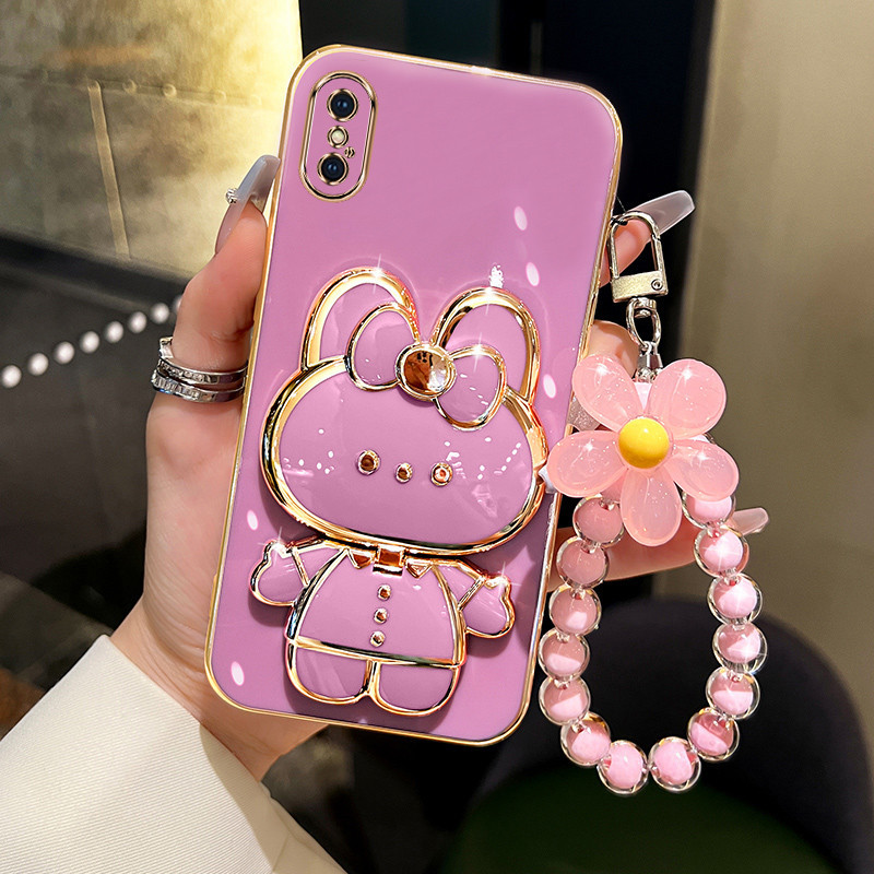ปลอก iphone X XS MAX XR เคสโทรศัพท์ TPU 3D กระต่ายขาตั้งสเตอริโอ Ultra Thin Electroplated Soft Case เคสป้องกันการกระแทกพร้อมสร้อยข้อมือ