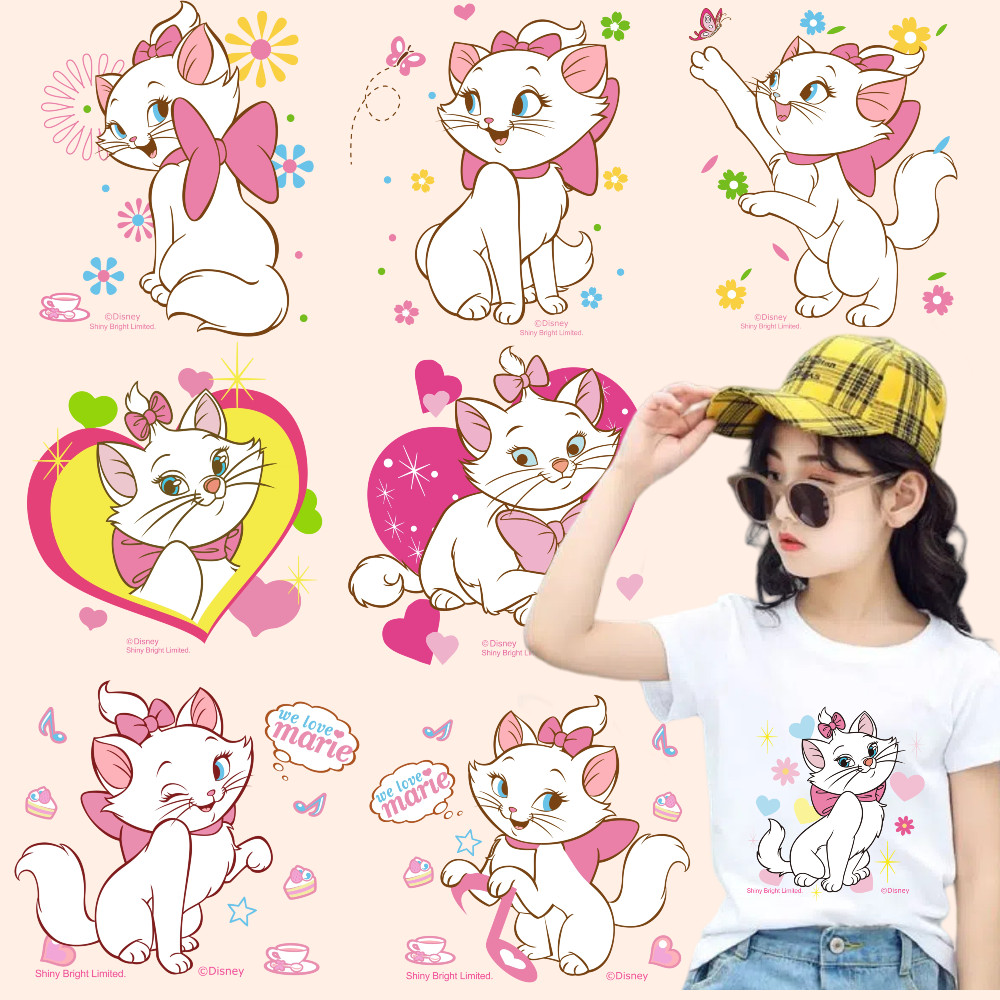 Disney Marie Cat สติ๊กเกอร์ความร้อนสติกเกอร์ Aristocats ผ้าล้างทําความสะอาดได้สติกเกอร์รูปแบบประณีต DIY เสื้อยืดบรรจุภัณฑ์ตกแต่งของขวัญ