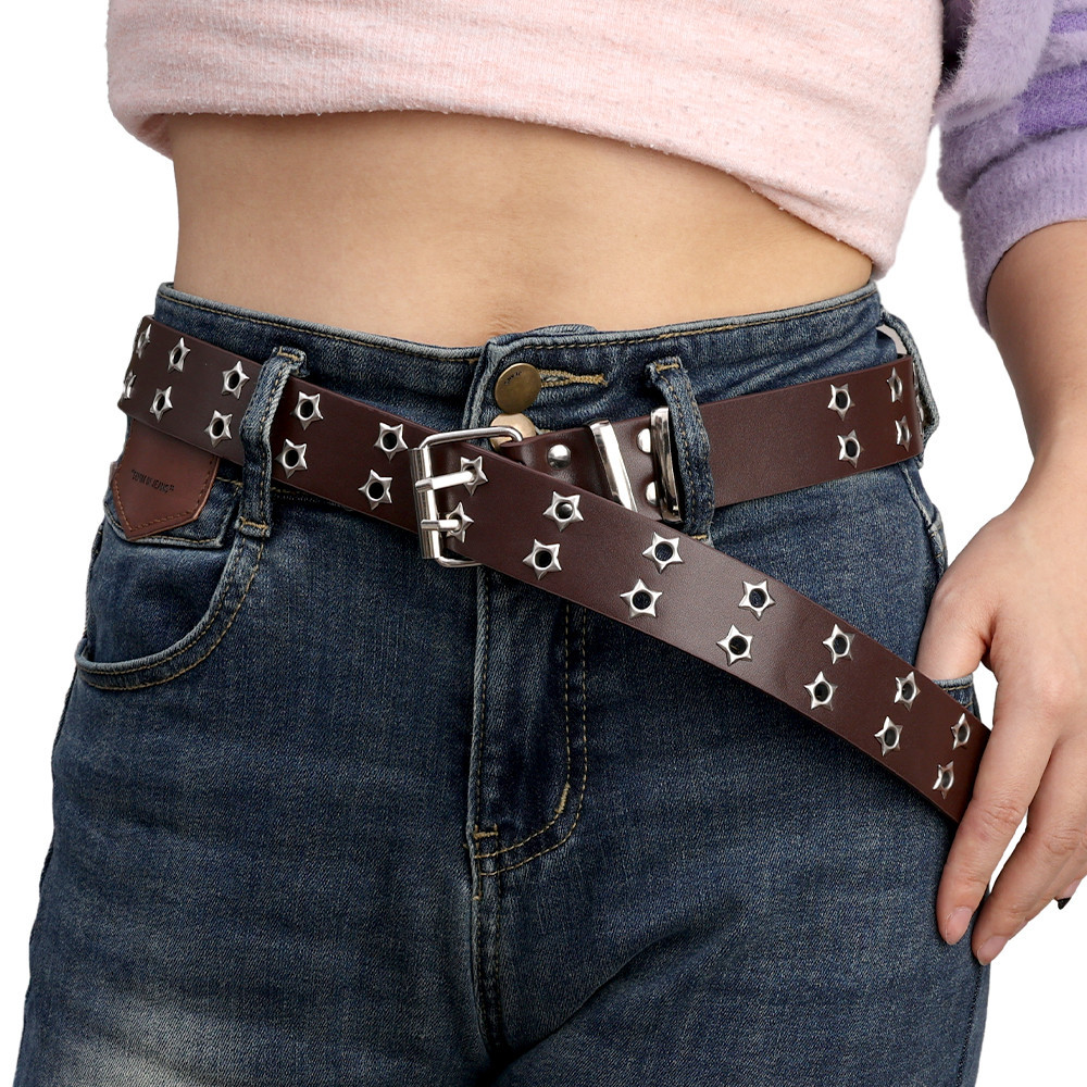 Y2k Star Eye Rivet เข็มขัด Punk Hollow Double Pin Buckle เข็มขัดผู้หญิงแฟชั่นอเนกประสงค์ Casual Pu หนังเข็มขัดเอวอุปกรณ์เสริม - รูปที่ 4