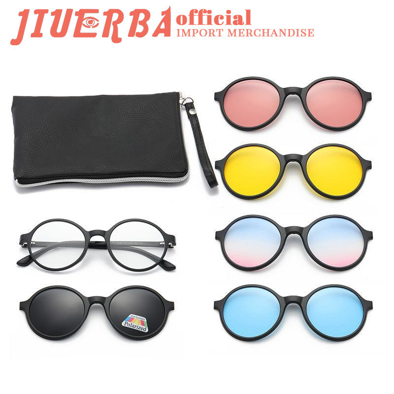JIUERBA เลนส์แขนแม่เหล็กคลาสสิก, แว่นกันแดดโพลาไรซ์, แว่นตาขับรถรูปไข่สําหรับผู้ชายและผู้หญิงที่ทันสมัยพร้อมคลิปแม่เหล็ก 5 คลิป