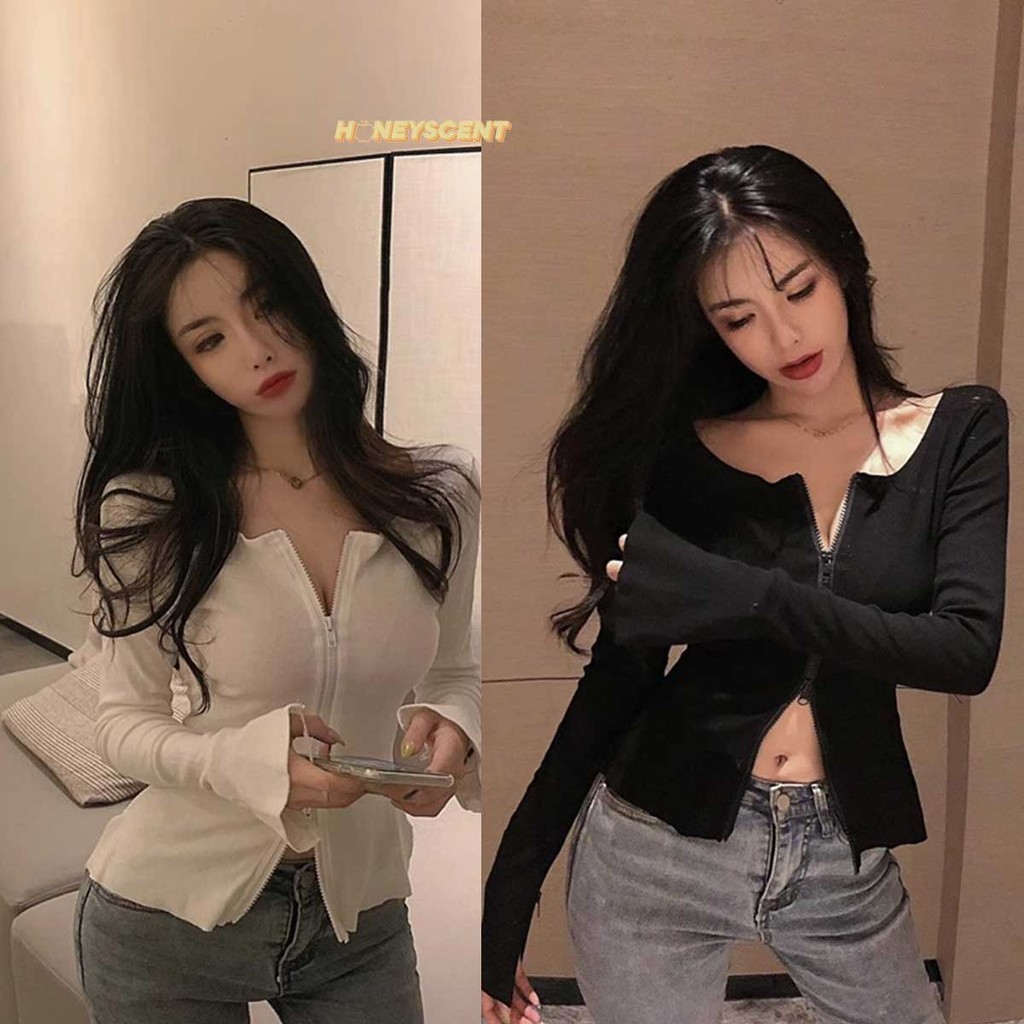 เสื้อครอปแขนยาว สีพื้น เเต่งซิปหน้า ทรงสวยมาก แมทได้ง่าย