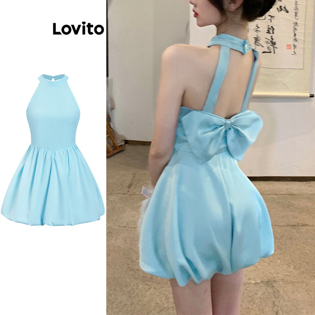 Lovito ชุดเดรสผู้หญิง แบบเปิดหลัง สีพื้น สไตล์น่ารัก L76AD164