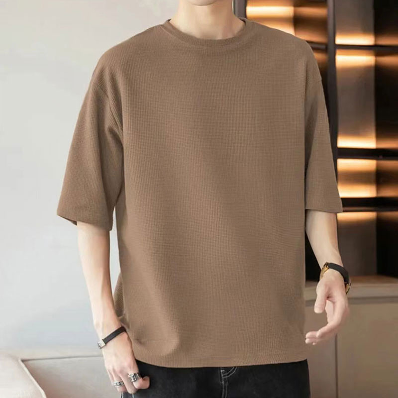 เสื้อยืดผู้ชาย แขนสั้น คอกลม โอเวอร์ไซส์ ทรงหลวม ผ้าวาฟเฟิล สไตล์เกาหลี ลำลอง ใส่สบาย ฤดูร้อน
