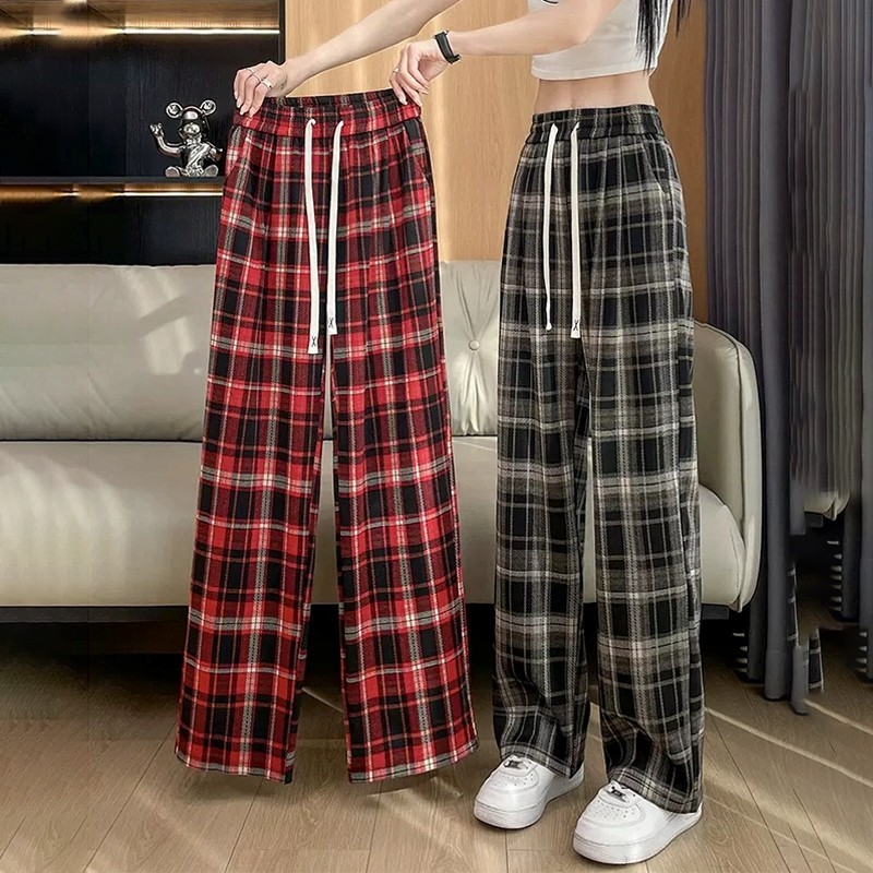 กางเกงขากว้างลายสก๊อตสไตล์เกาหลีสำหรับผู้หญิงฤดูร้อนหลวมขนาด Drawstring ลำลองกางเกงขายาวยืดหยุ่นสูง