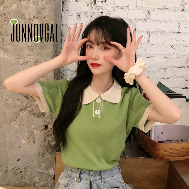 Junnovgal เสื ้ อโปโลผู ้ หญิงสีตัดกัน 2024 Retro สไตล ์ ใหม ่ ทุกการแข ่ งขันแขนสั ้ น