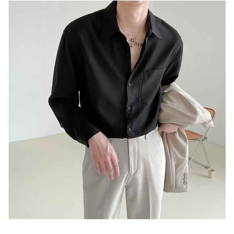 เสื้อเชิ้ตแขนยาวสีพื้น คอปก เสื้อเชิ้ตใส่ทำงานชาย สไตล์ลำลอง กระดุมแถว แฟชั่นเกาหลี ไซส์ M L XL XXL XXXL ราคา ถูกที่สุด ดีลบีเคเค แกลเลอรีภาพที่ 5