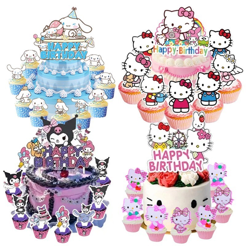 24 ชิ้น HelloKitty Kuromi Cinnamoroll สุขสันต์วันเกิดเค้กอะคริลิค Topper ตกแต่งแมวเค้กตกแต่งธง Baby Shower Baking DIY อุปกรณ์หญิงชายโปรดปรานของขวัญ