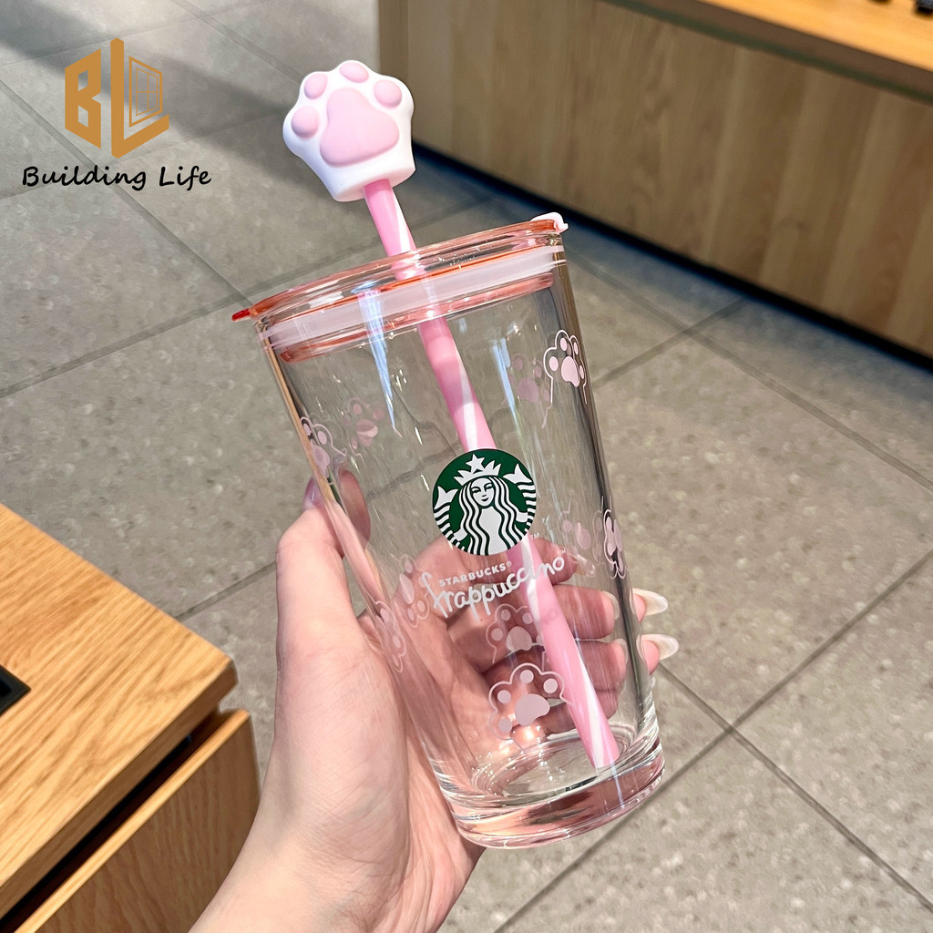 Starbucks Cup Frappucino Cup น่ารักสีชมพู Cat Claw แก้วฟางถ้วยหนาขนาดใหญ่เส้นผ่านศูนย์กลาง 450ml