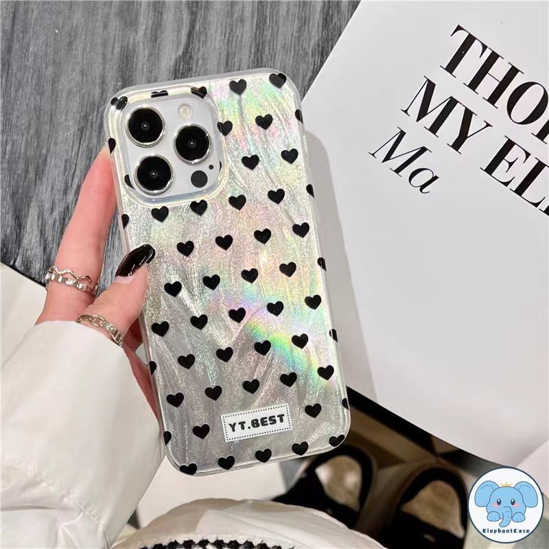 การ์ตูนโชคลาภ สีดำ จุดหัวใจ หรูหรา ตลับด้ายขนนก iPhone 11 12 15 7Plus 14 13 Pro Max XR 14 8 7 Plus X SE 2020 XS Max