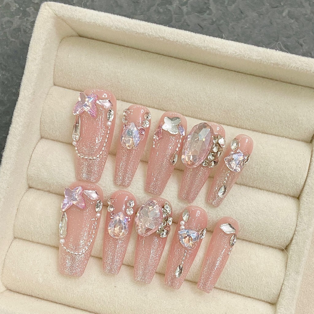 HANDMADEArtificial Nail Light Luxury high-end โรแมนติก Galaxy Full Diamond Phototherapy Nails เล็บปลอมเล็บนํากลับมาใช้ใหม่และถอดได้ ราคา ถูกที่สุด ดีลบีเคเค