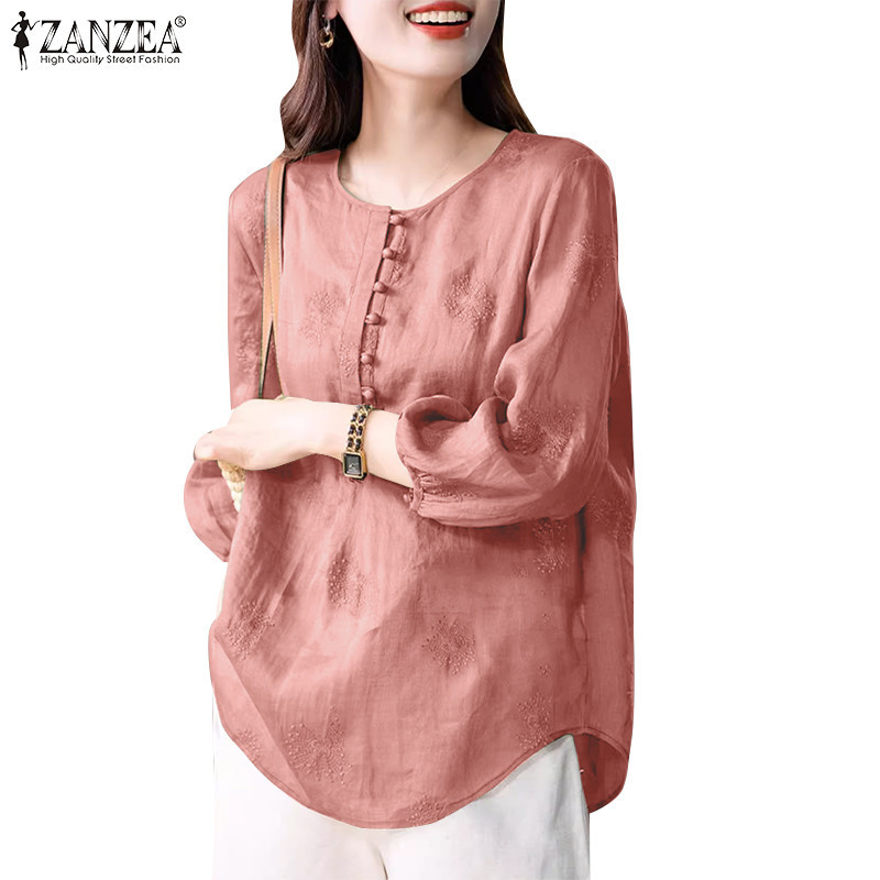 Zanzea ผู ้ หญิงเกาหลีลําลองคอกลมสีทึบ 3/4 เสื ้ อหลวมแขน