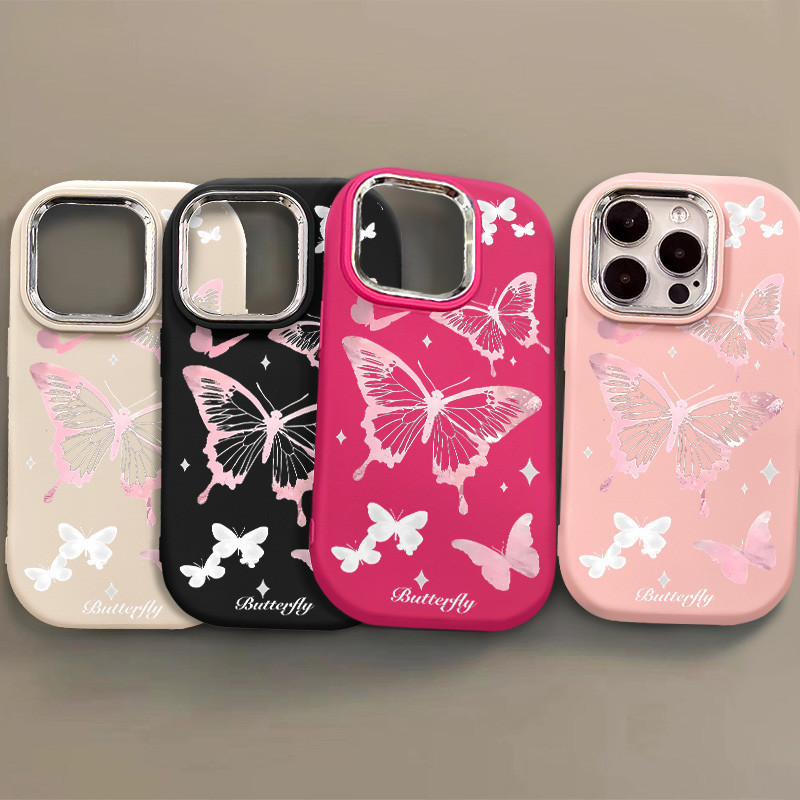 สีชมพูโปร่งใสผีเสื้อคู่เคสโทรศัพท์นุ่มเข้ากันได้สําหรับ IPhone 11 14 13 12 15 Pro X XS Max XR 7 + 8 Plus TPU ปลอกกันกระแทกฝาครอบป้องกันกล้องป้องกัน