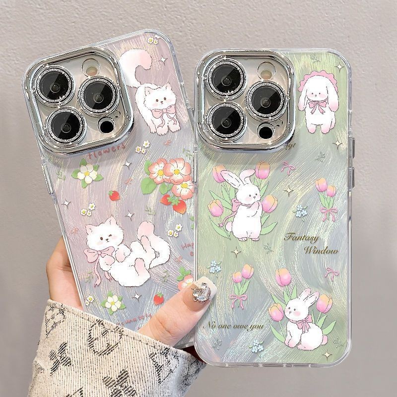 เหมาะสําหรับเคสโทรศัพท์ iPhone IP11PROMAX IP12 IP13 IP14plus แฟชั่นกรอบเลนส์พรีเมี่ยม IP15 PROMAX IP11 Feather veil เต็มหน้าจอการ์ตูนน่ารักกระต่ายน้อยเคสโทรศัพท์เคสแข็ง