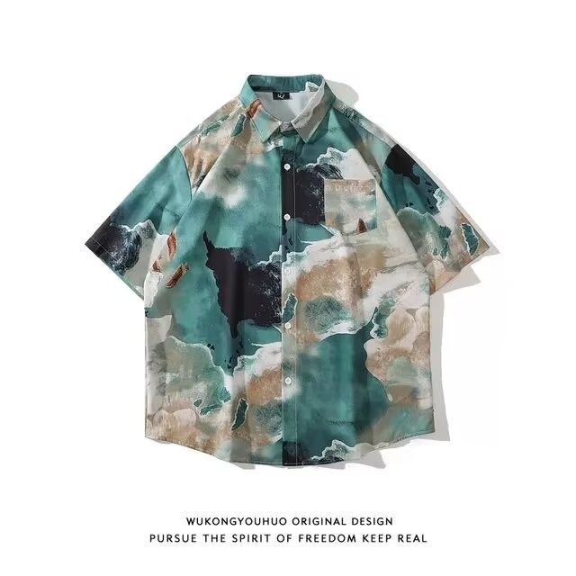 สไตล์ขี้เกียจพิมพ์เสื้อผู้ชายฤดูร้อนบางสไตล์สไตล์ฮ่องกงย้อนยุคแขนสั้นปักเป้าหล่อสบายๆเสื้อญี่ปุ่นสไตล์ฮ่องกงฤดูร้อนอินเทรนด