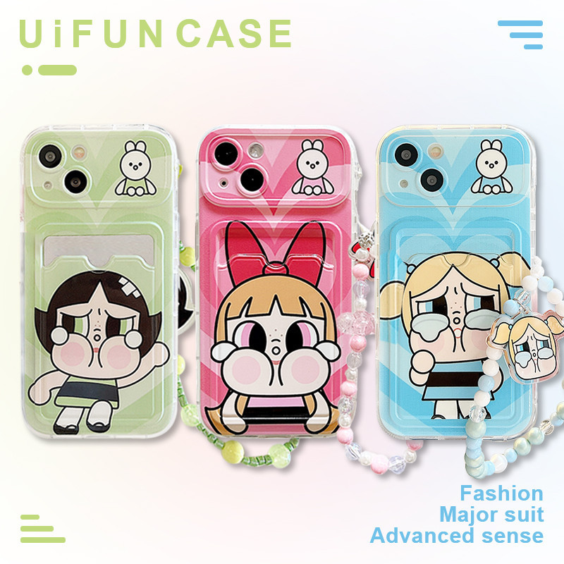 การ์ตูนน่ารัก Crybaby Power Girl Chain Card Slot เคสโทรศัพท์สําหรับ iPhone 15 14 13 Pro Max 12 11 Full Coverage TPU Anti-drop ป้องกันกรณีปกหลัง