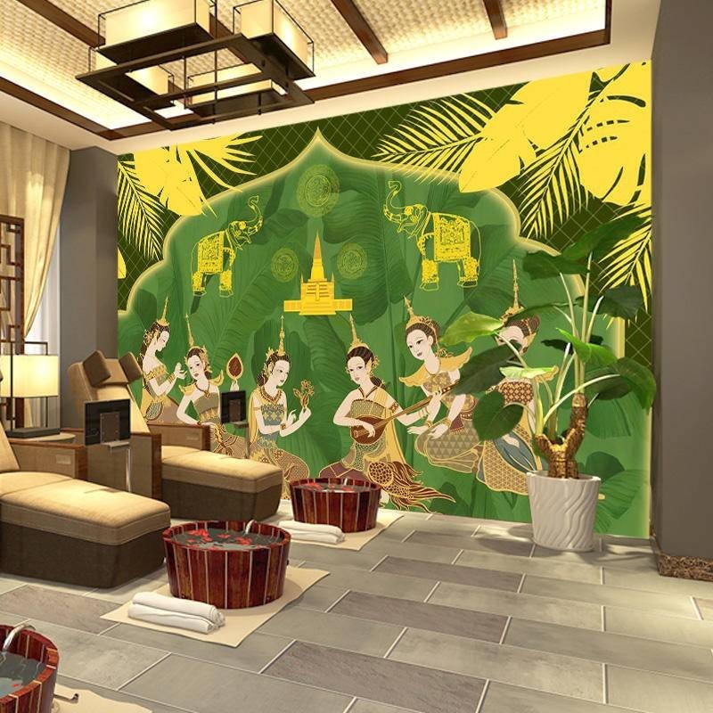 เอเชียตะวันออกเฉียงใต้สไตล์ 3D ภาพจิตรกรรมฝาผนังวอลล์เปเปอร์สําหรับร้านอาหารไทย SPA Clubs ตกแต่งนวด Parlors Dai ชาติพันธุ์เต้นรําผนังกระดาษ