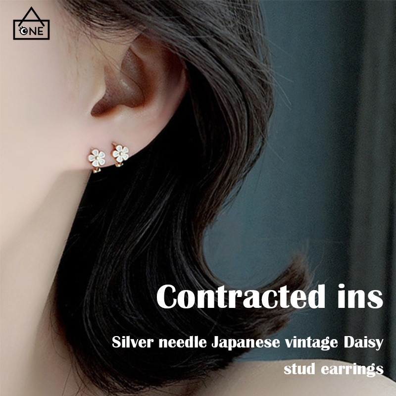 COD S925 เงินวินเทจเดซี่ต่างหูเรียบง่าย Hoop ต่างหู Niche ออกแบบหูหนีบ-a.one