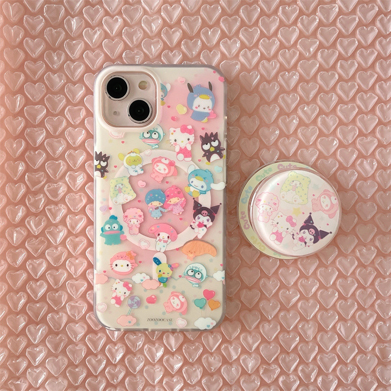 Sanrio ตัวอักษรสองชั้น IMD MagFit กรณีแม่เหล็ก Kickstand ผู้ถือโทรศัพท์สําหรับ iPhone 15 Pro Max 14 Pro Max 13 Pro 12 ฝาครอบกันกระแทก