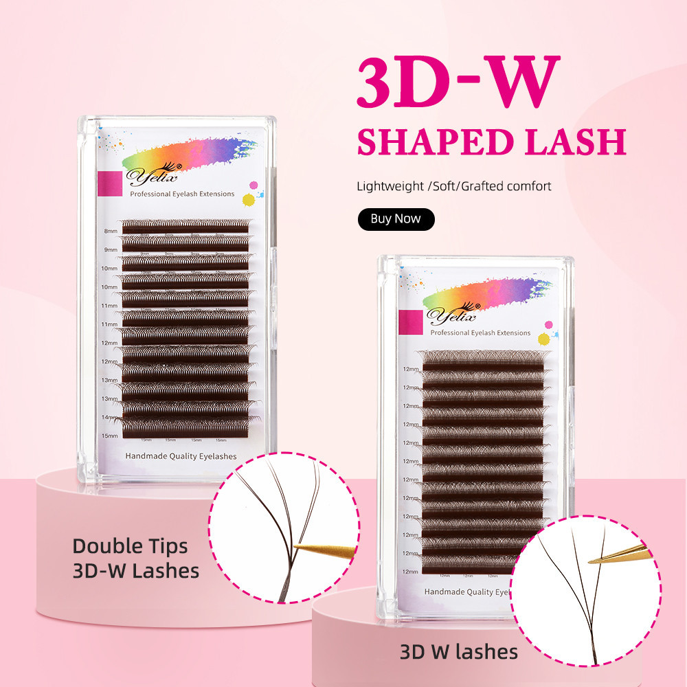 Yelix สีดำสีน้ำตาล 3D W-รูปต่อขนตารูปพัดสำเร็จรูป ต่อขนตานุ่มและหนาเป็นธรรมชาติ ขนตาปลอมบานอัตโนมัติ