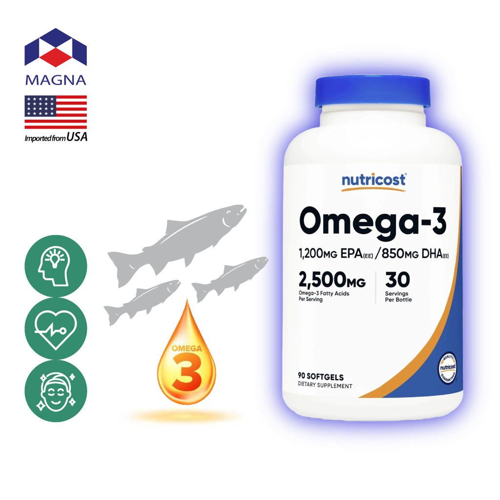 นูทรีคอสท์ โอเมก้า-3 2500 mgs x 90 เม็ด น้ำมันปลา Nutricost Omega3 Fish Oil /กินร่วมกับ แอสต้าแซนทีน บิลเบอร์รี่ คอลล...