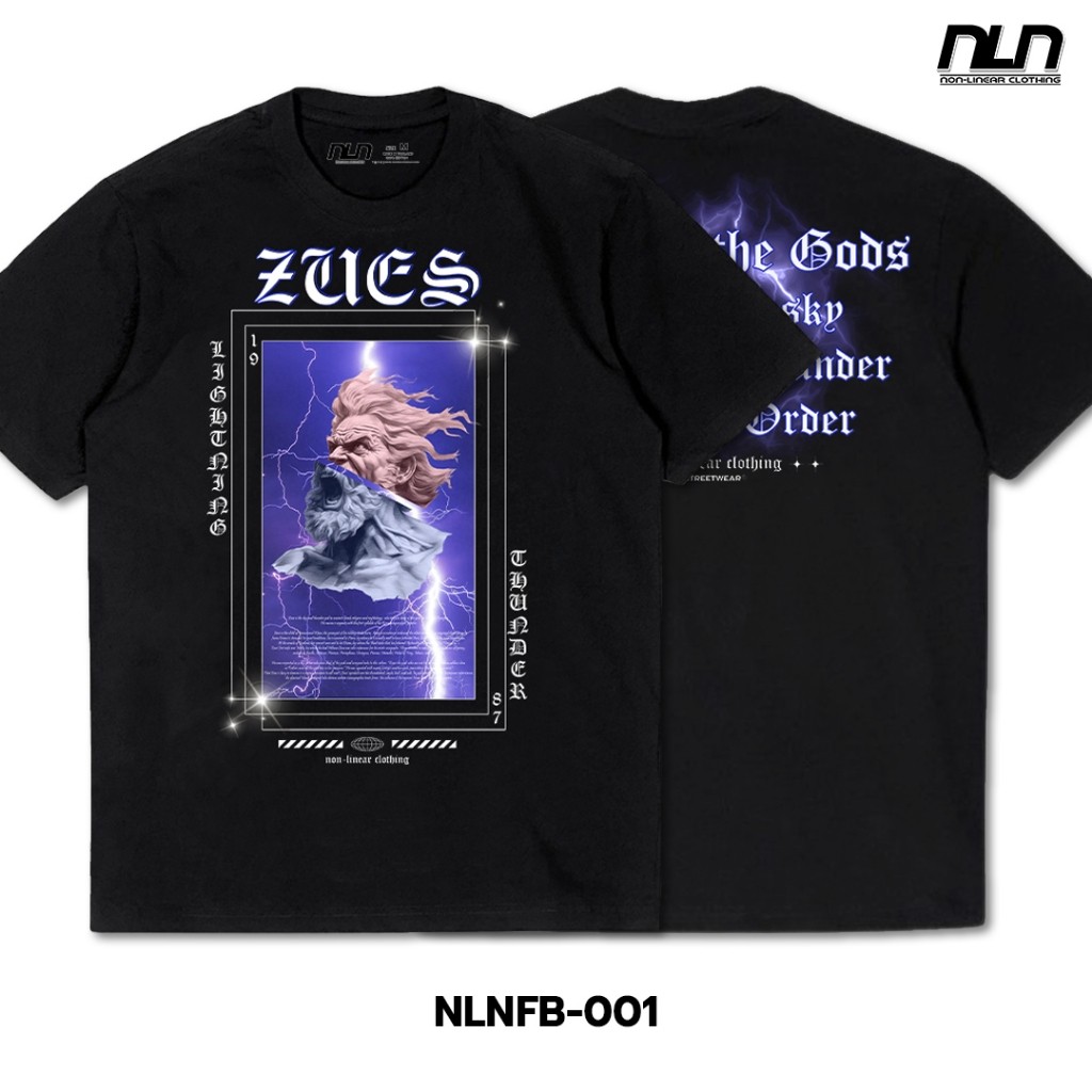 S-5XL [ส่งฟรี] Non-Linear Clothing - Zues สตรีทแฟชั่น ทรงโอเวอร์ไซส์ ลายเทพสายฟ้า ผ้าคอตตอน คอกลม แข