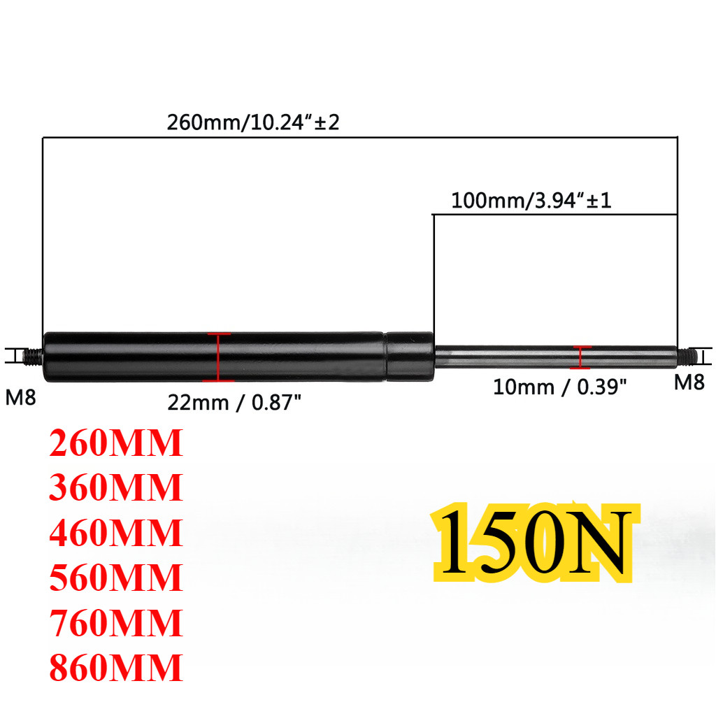 Universal 150N M8 รถแก๊ส Strut บาร์แก๊สฤดูใบไม้ผลิ Hood 260-860 มม.สนับสนุน Rod Shock Lift สําหรับ Caravan รถ RV เตียงหน้าต่าง Bonnet Hood