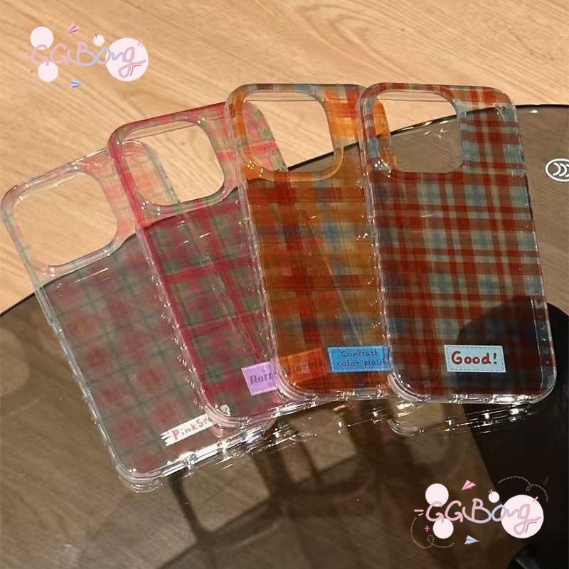 ปกพลาสติกใสลายสก็อตสีโดพามีนแฟชั่น เคสไอโฟน 15 16 XR 11 13 12 14 Pro Max X XS Max 6 14 15 6 6s 7 8 Plus SE เคส